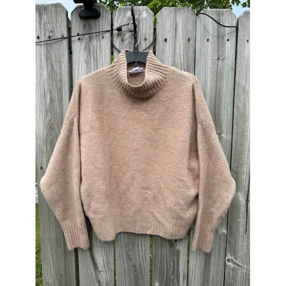 Cozy For The Republic Sweater Womens S/P Tan Mock Neck Wool Blend Drop Shoulder